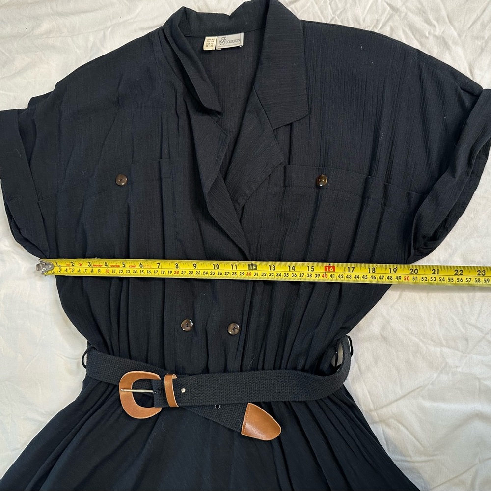 Vintage G Collection Black Cotton Shirt Dress USA 18 Belted Midi Fit & Flare - Picture 11 of 13